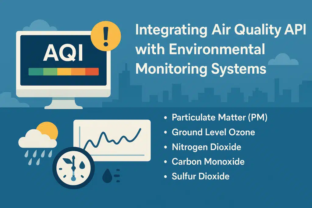 Air quality dashboard showing particulate matter (PM2.5, PM10), nitrogen dioxide, and carbon monoxide levels with bar charts and transparent data panels over a hazy city background.