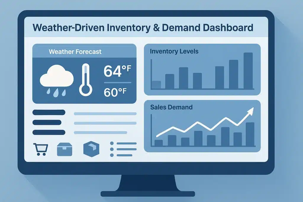Weather-driven retail dashboard showing inventory levels, sales demand trends, and weather forecast icons on a computer screen to illustrate how weather intelligence supports retail planning.