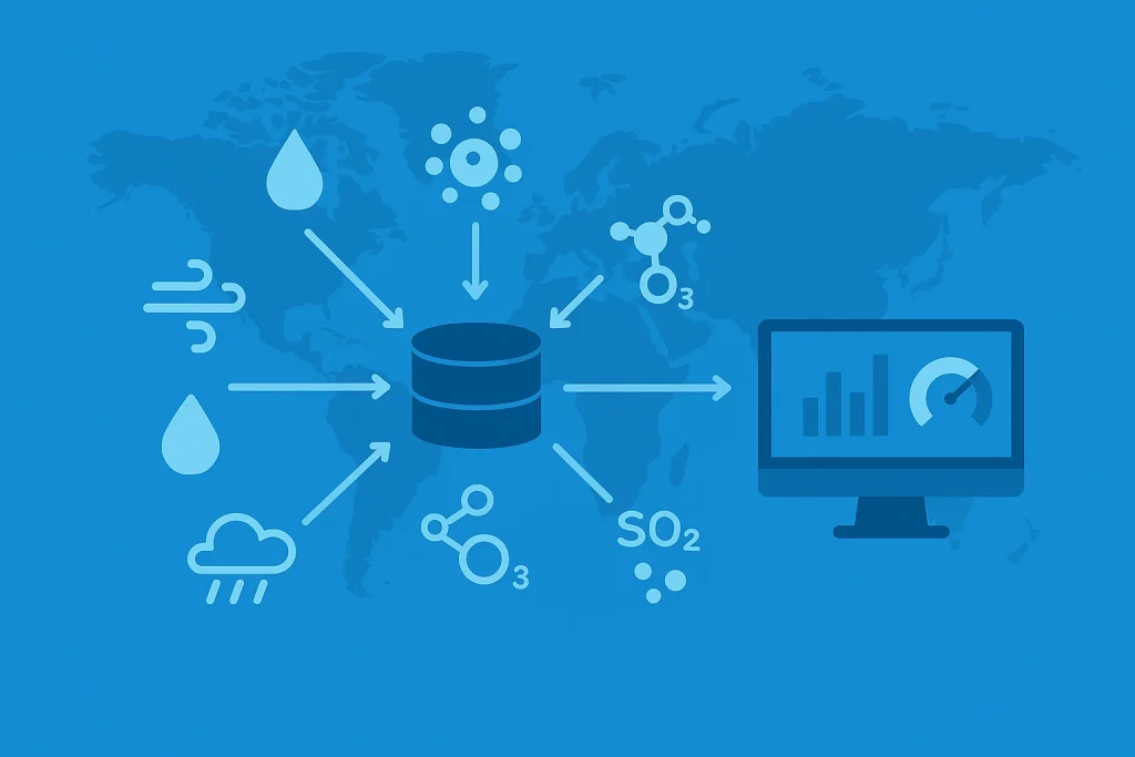 A flat-style digital infographic illustrating the flow of weather and pollutant data—icons representing wind, rain, sun, particulate matter, ozone, carbon monoxide, nitrogen dioxide, and sulfur dioxide send arrows toward a central database, which connects to a dashboard monitor displaying air quality insights.
