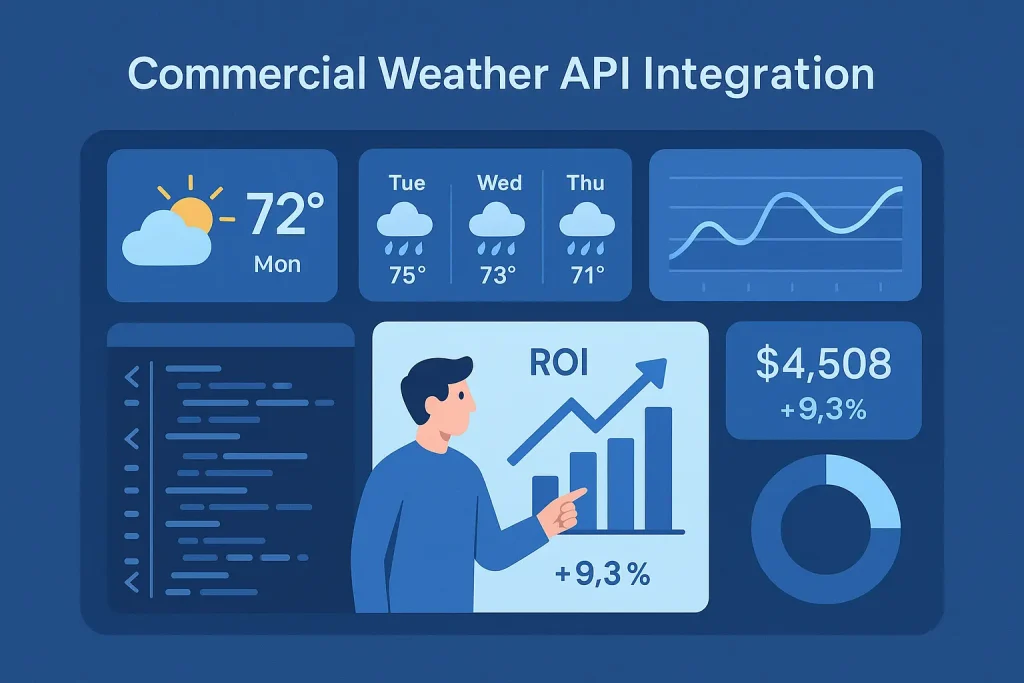 Flat-style infographic showing commercial weather API integration with forecast panels, code window, ROI analytics, line chart, and weather icons in a modern blue dashboard layout.