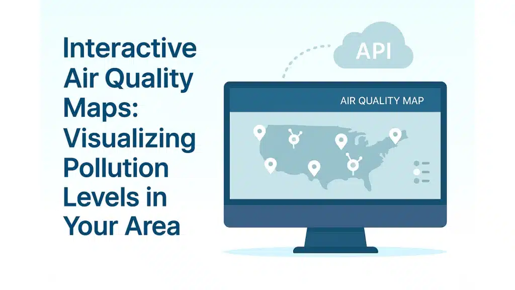 Flat-style illustration of a US air quality dashboard showing sensor data collection points connected to an API cloud, representing interactive air quality maps and real-time pollution monitoring