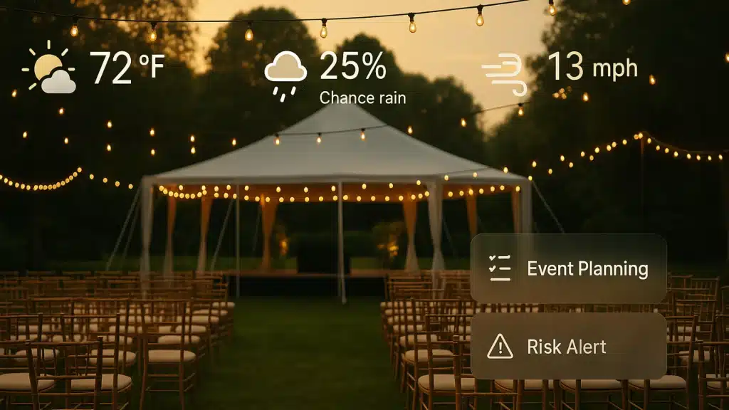 Outdoor event setup at golden hour with a tent and string lights, showing subtle weather forecast overlays like temperature, rain probability, and wind icons for event planning.