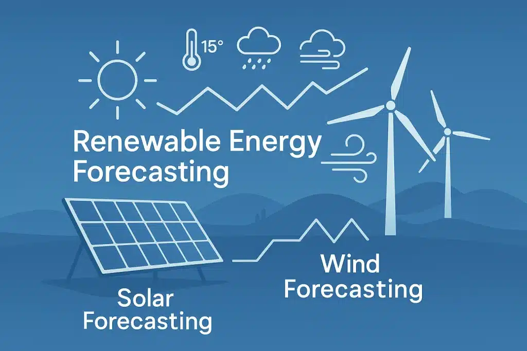 Flat-style renewable energy infographic showing solar forecasting and wind forecasting with solar panels, wind turbines, weather icons, and energy trend lines to illustrate clean power prediction.