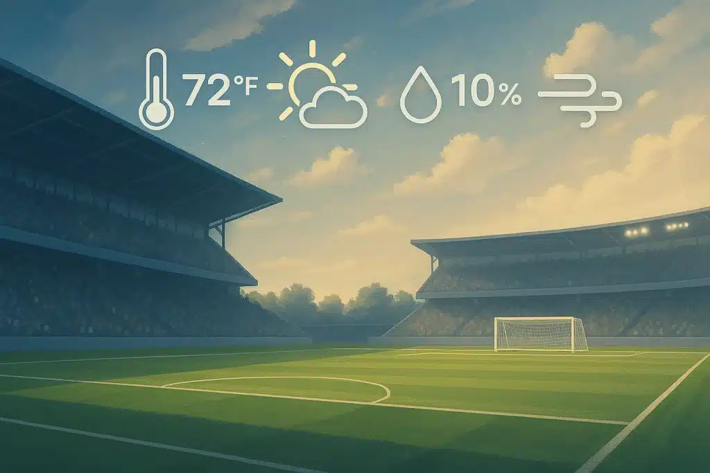 A modern outdoor sports stadium under a partly cloudy sky, showing subtle weather icons like temperature, wind, and humidity overlays to represent sports weather forecasting and game scheduling.