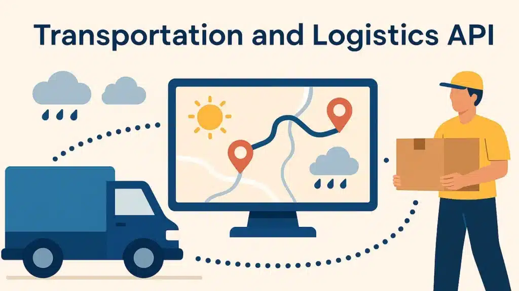 Illustration of a transportation and logistics weather API showing a delivery truck, route map with weather icons, and delivery worker to demonstrate weather-based route optimization and delivery planning.