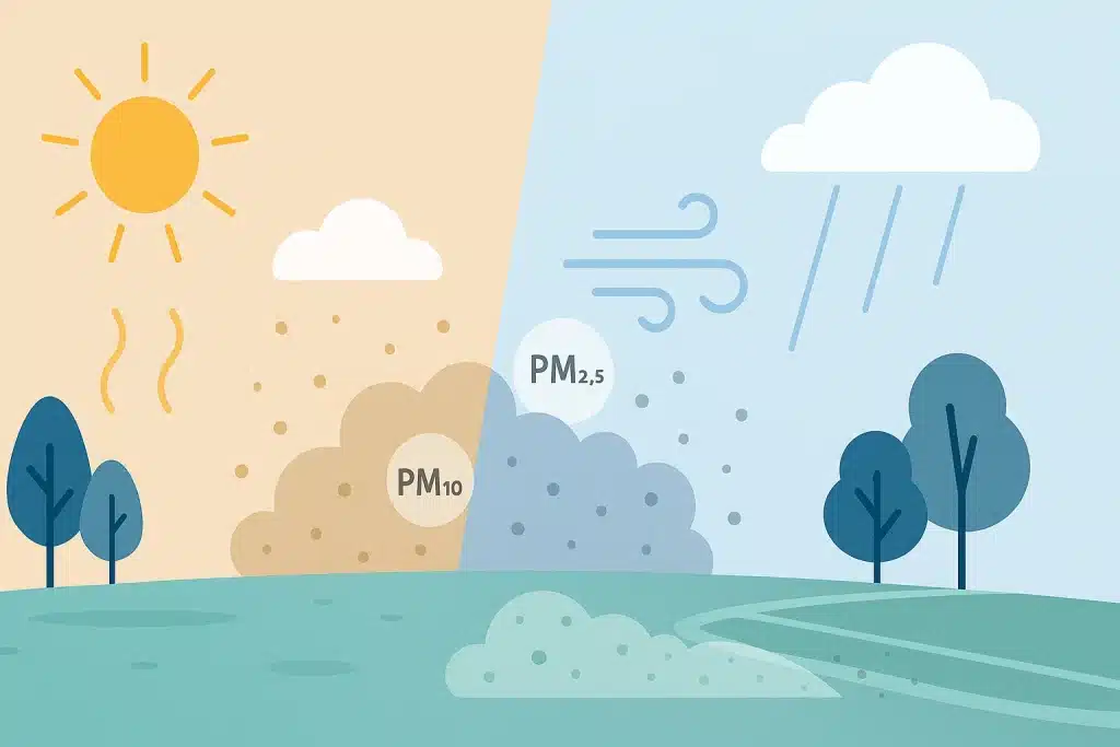 A flat-style digital illustration contrasting polluted and clean air conditions, showing a hot smoggy scene with PM10 and PM2.5 particles on one side and a windy, rainy clean-air environment on the other