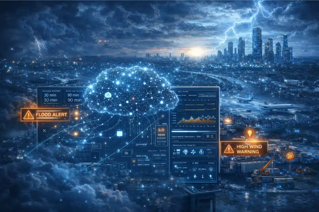 AI-powered weather forecasting illustrated as a blue data cloud analyzing real-time storms and triggering automated decisions across logistics, aviation, and emergency response systems