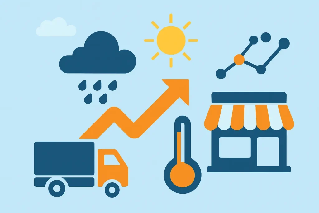 A horizontal flat-style illustration featuring weather-related icons, such as a rain cloud, sun, thermometer, and data graph, alongside business elements like a delivery truck and a storefront. The design visually represents how weather forecasts influence logistics, energy use, and retail operations.