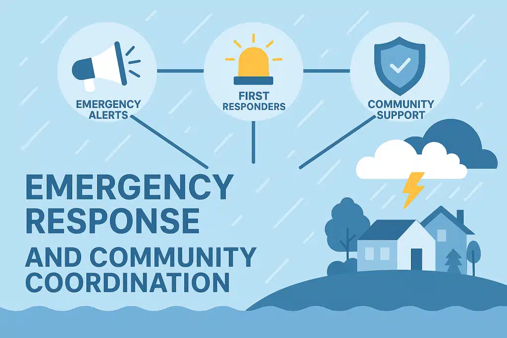 Stormy weather during a community emergency response scene showing coordination between alerts, first responders, and support systems, illustrated through icons and a safe house under lightning and rain