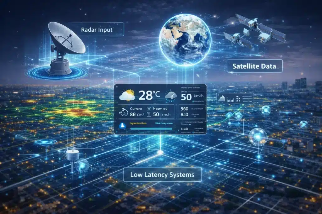 Real-time weather forecasting systems combining radar, satellite, and ground sensor data for low-latency decision making
