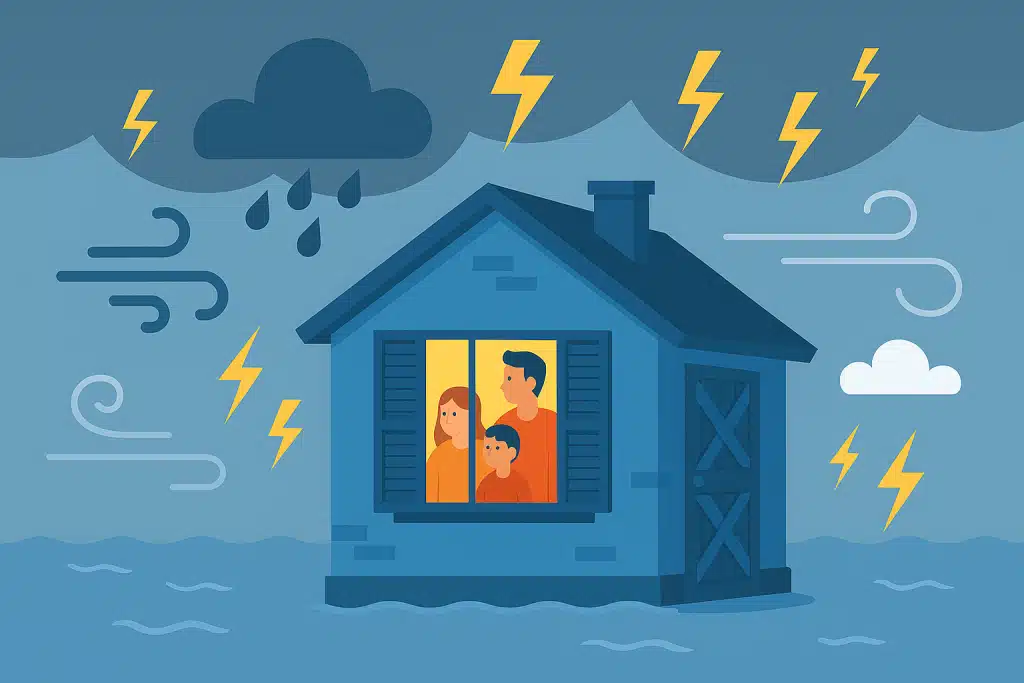 Illustration of a prepared home staying safe during severe weather, with storm clouds, lightning, wind, and flood water outside.