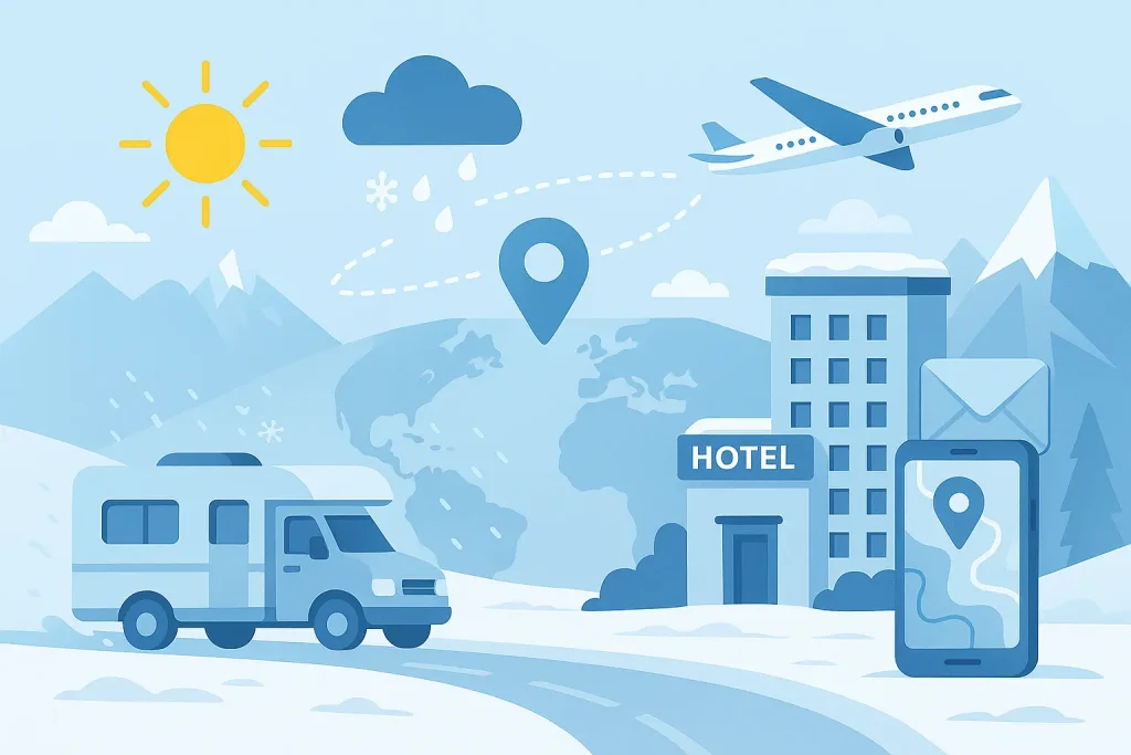 Illustration showing weather-affected travel planning with an RV on a snowy road, a hotel, a location pin, a plane, and a smartphone map, representing how weather impacts guest experience and hospitality operations.